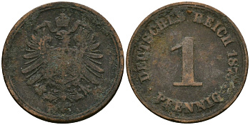 Германия 1 пфенниг 1875 A, Вильгельм I (1871-1888) KM 1, J. 1 медь 4602-139