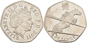 Великобритания 50 пенсов 2011 XXX летние Олимпийские игры в Лондоне в 2012 году, конный спорт, Елизавета II (1952-2022) KM 1176, Spink LO10 медно-никель 00-00