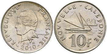 Французская Новая Каледония 10 франков 2010 рыбачья парусная лодка, (IEOM) KM 11a, Schoen 13a, Lec 99k медно-никель 3459-224