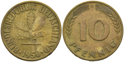 ФРГ 10 пфеннигов 1950 D KM 108, J.383 сталь плакированная латунью 4681-1113