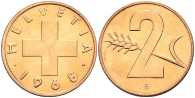 Швейцария 2 раппена 1968 В KM 47 бронза UNC 4566-324