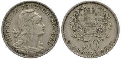 Португалия 50 сентаво 1958 KM 577 медно-никель 62-614
