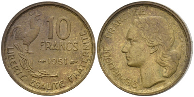 Франция 10 франков 1951 Петух KM 915.1, Le Franc 363.2 алюминиевая бронза 4596-643