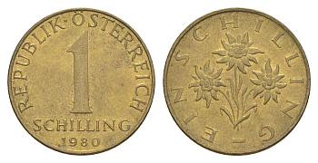Австрия 1 шиллинг 1980 KM 2886 алюминиевая бронза UNC 4561-945