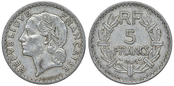 Франция 5 франков 1946 open 9 KM 888b.1, Le Franc 339.6 алюминий 4123-526