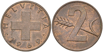 Швейцария 2 раппена 1969 KM 47 бронза 4592-625