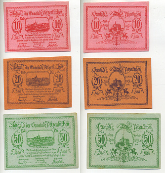 Австрия набор из 3 банкнот 1920 1 декабря 1920-31 декабря 1920, нотгельд, 10, 20, 50 геллеров, PETSEUFIRCHEN   бумага  XF 7555-8-4-1
