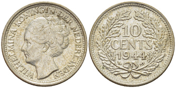 Нидерланды 10 центов 1944 Вильгельмина (1890-1948) KM 163 серебро aUNC 4392-1341