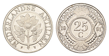 Нидерландские Антильские острова (Нидерландские Антилы) 25 центов 1990 Беатрикс (1980-2013) KM 35 сталь плакированная никелем UNC 4675-854