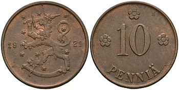Финляндия 10 пенни 1921 республика (1918-1962) KM 24 медь 08-1117
