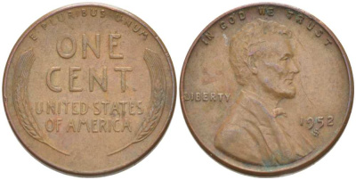 США 1 ЦЕНТ 1952 S, ЛИНКОЛЬН KM А132 медь цинк 218-961