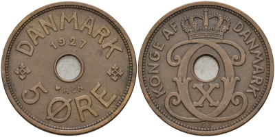 Дания 5 эре 1927 Кристиан X (1912-1947) KM 828 бронза 4565-222