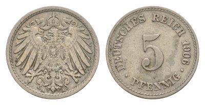Германия 5 пфеннигов 1906 A, Вильгельм II (1888-1918) KM 11, J. 12 медно-никель 4640-118