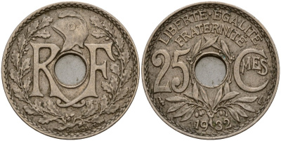 Франция 25 сантимов 1932 KM 867a медно-никель 4187-954
