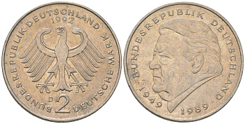 ФРГ 2 марки 1992 D, Франц Йозеф Штраус, 40 лет Федеративной Республике KM 175 медно-никель 4572-942