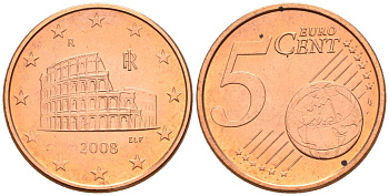 Италия 5 евроцентов 2008 KM 212 сталь плакированная медью UNC 4147-745
