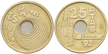Испания 25 песет 1992 золотая башня в Севилье, EXPO 1992, Хуан Карлос I (1975-2014) KM 905 никель-бронза 216-731