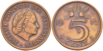 НИДЕРЛАНДЫ 5 ЦЕНТОВ 1973 ЮЛИАНА KM 181 бронза 3856-1041