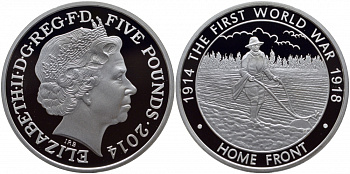 Великобритания набор из 6 монет по 5 фунтов 2014 100 лет с начала первой мировой войный, в оригинальной упаковке, с сертификатом серебро PROOF 00-000-00