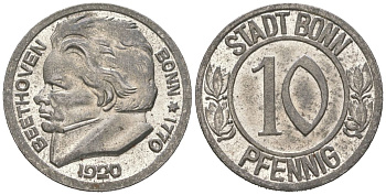 Бонн 10 пфеннигов 1920 Бетховен, Северный Рейн-Вестфалия Funck 51.1A, Men05 3220.1, Men18 4134.1 железо 4617-264