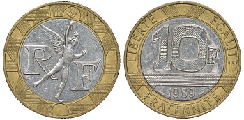 Франция 10 франков 1989 тип гений Бастилии KM 964.1, Le Franc 375.3 биметалл 45-624