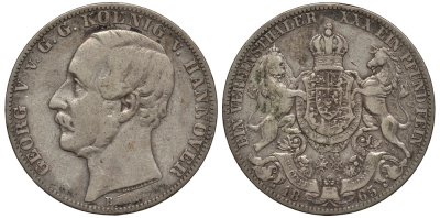 Брауншвейг-Каленберг-Ганновер 1 талер 1865 B, Георг V (1851-1866) KM 230, AKS 144, Dav. 682, Kahnt 239, Thun 174 серебро 1520-944