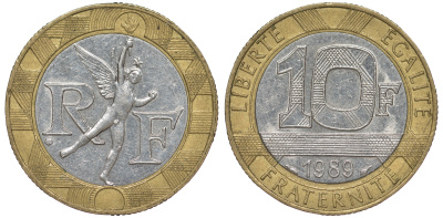 Франция 10 франков 1989 тип гений Бастилии KM 964.1, Le Franc 375.3 биметалл 45-624