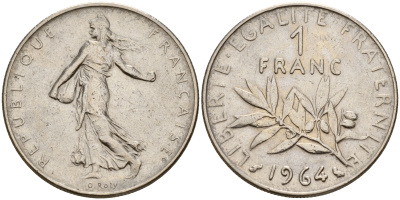 Франция 1 франк 1964 сеятель KM 925.1, Le Franc 226.8 никель    4601-927