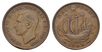 Великобритания 1/2 пенни 1945 Георг VI (1936-1952) KM 844, Spink 4115 бронза 4519-345