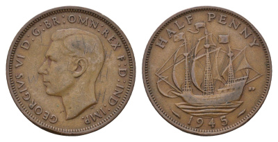 Великобритания 1/2 пенни 1945 Георг VI (1936-1952) KM 844, Spink 4115 бронза 4519-345