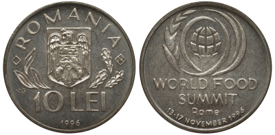 Румыния 10 леев 1996 FAO, мировой саммит продовольствия в Риме KM 126 сталь плакированная никелем UNC M24-04