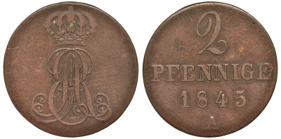 Ганновер 2 пфеннига 1845 A, Эрнст Август (1837-1851) KM 174.1, AKS 122, J. 55 медь 75-1821