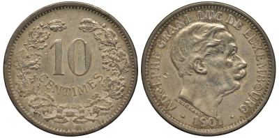 ЛЮКСЕМБУРГ 10 САНТИМОВ 1901 ВЕЛИКИЙ ГЕРЦОГ АДОЛЬФ (1890-1905) КМ 25 медно-никель 4538-726