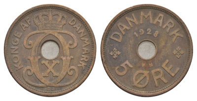 Дания 5 эре 1928 N, Кристиан X (1912-1947) KM 828 бронза 4638-611