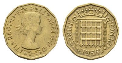 Великобритания 3 пенса 1956 Елизавета II (1952-2022) KM 900, Spink 4153 никель латунь 4121-531
