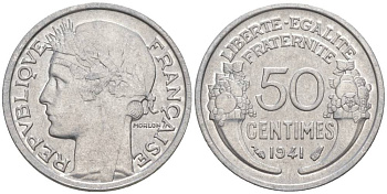 ФРАНЦИЯ 50 САНТИМОВ 1941 ТИП MORLON LOURDE KM 894.1a, LE FRANC 193.2 алюминий 44-247