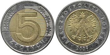 Польша 5 злотых 2009 MW KM 284 биметалл 93-1036