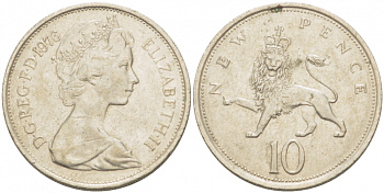Великобритания 10 пенсов 1976 Елизавета II (1952-2022) KM 912, Spink 4231 (F1) медно-никель  4403-831