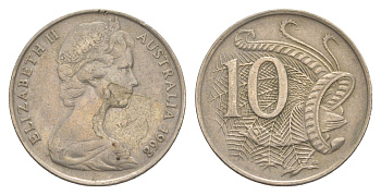 Австралия 10 центов 1968 Елизавета II (1952-2022), птица лирахвост KM 65 медно-никель 4364-4452