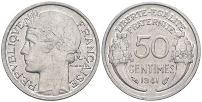 ФРАНЦИЯ 50 САНТИМОВ 1941 ТИП MORLON LOURDE KM 894.1a, LE FRANC 193.2 алюминий 44-247