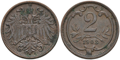 Австрия 2 геллера 1903 Франц Иосиф (1846-1918) KM 2801 бронза 4567-642