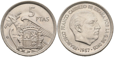 Испания 5 песет 1957(68) Франсиско Франко (1939-1975) KM 786 медно-никель 4571-1222