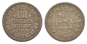 Брауншвейг-Каленберг-Ганновер 4 мариенгроша 1700 Георг I (1698-1727), из коллекции Ричарда Б. Смита Welter 2197, KM 33 серебро 1525-543