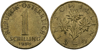 Австрия 1 шиллинг 1990 KM 2886 алюминиевая бронза 4135-222