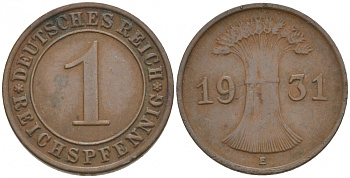 ГЕРМАНИЯ 1 РЕЙХСПФЕННИГ 1931 E KM 37, J. 313 бронза 73-1526