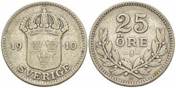 Швеция 25 эре 1910 W, Густав V (1907-1950), LARGE CROSS KM 785 серебро 3309-851