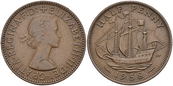 Великобритания 1/2 пенни 1958 Елизавета II (1952-2022) KM 896, Spink 4158 бронза 4126-754