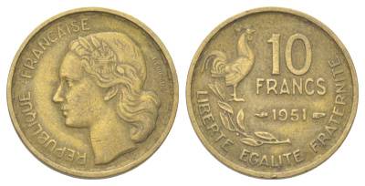 Франция 10 франков 1951 петух KM 915.1, Le Franc 363.4 алюминиевая бронза 4625-432