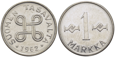 ФИНЛЯНДИЯ 1 МАРКА 1962 KM 36а железо плакированное никелем 100-222