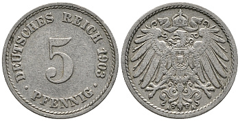 ГЕРМАНИЯ 5 ПФЕННИГОВ 1903 A KM 11, J. 12 медно-никель 39-766